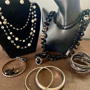 Vintage or Art Deco black, gray, silver necklaces, bracelets, earrings, Ring